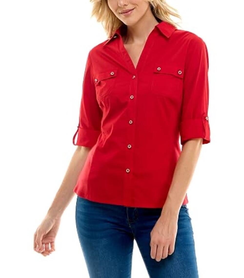 Zac Rachel Red Blouse Women’s Large Pearl Stud Buttons Roll Sleeve V-Neck NWT